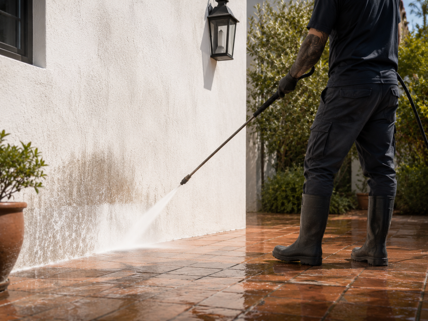 Pressure washing a driveway and exterior surfaces
