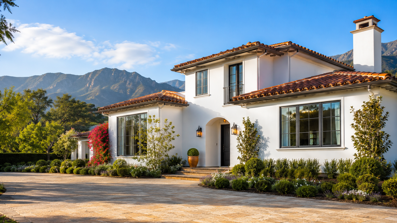 Beautiful Santa Barbara home exterior, white stucco with terracotta tile roof